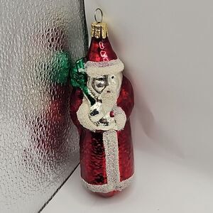 Vintage Glass CZECHOSLOVAKIA Red Santa Green Bag Glitter ORNAMENT